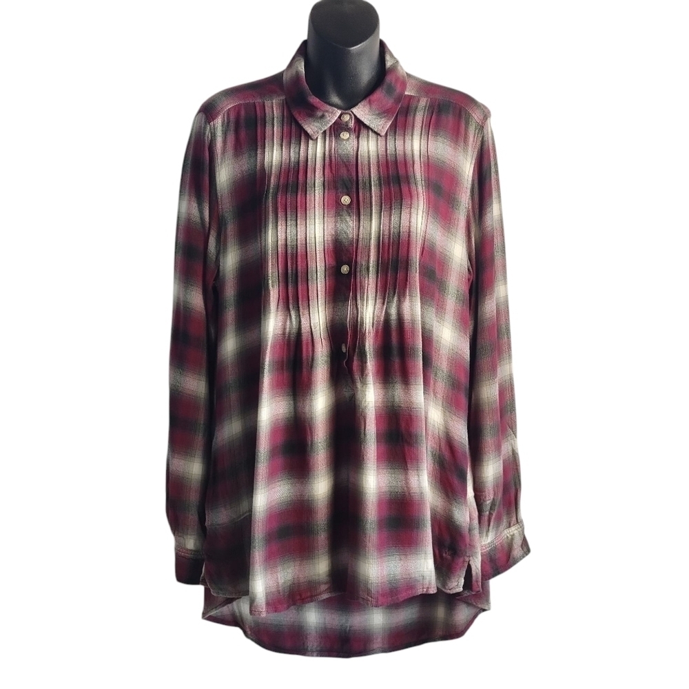 American Eagle Women's Red White Gray Plaid Check Button Flannel Blouse Size L